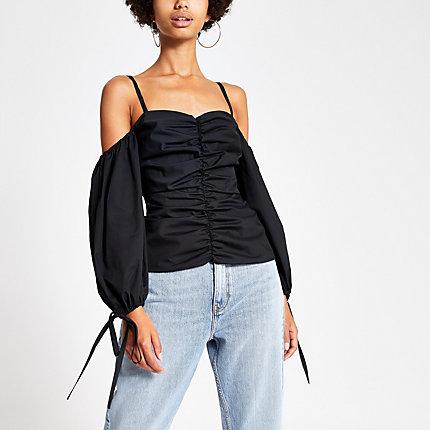 River Island Womens Puff Sleeve Ruched Bardot Top