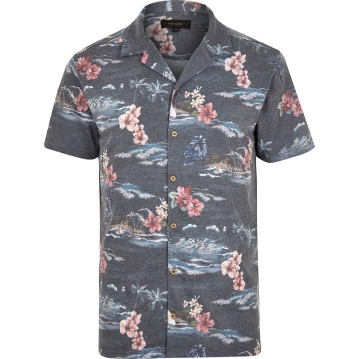 River Island Mensnavy Hawaiian Print Polo Shirt