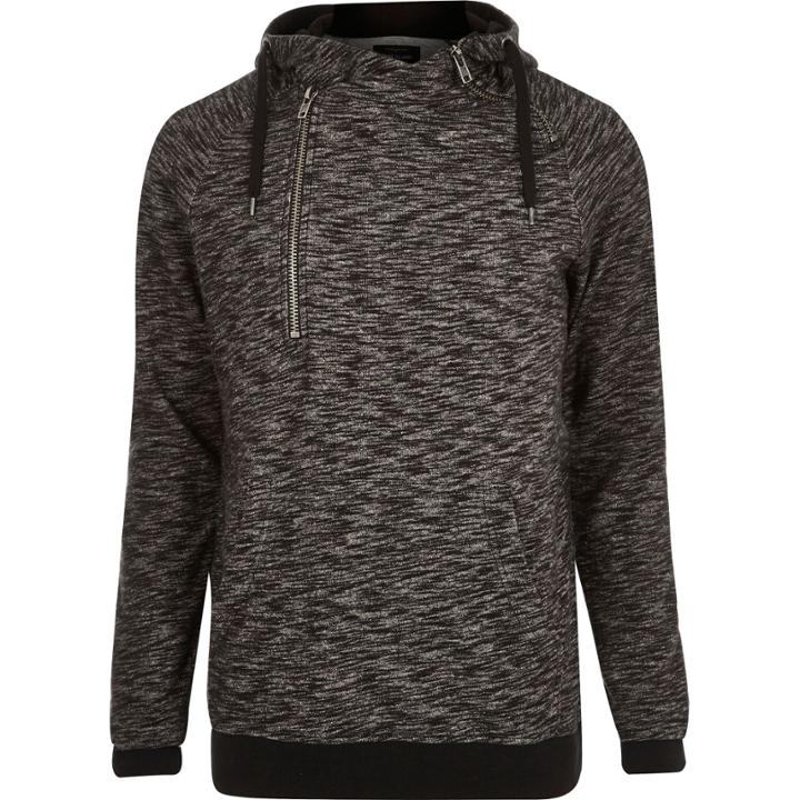 River Island Mensblack Asymmetric Zip Neck Hoodie