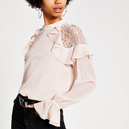 River Island Womens Long Sleeve Lace Frill Top