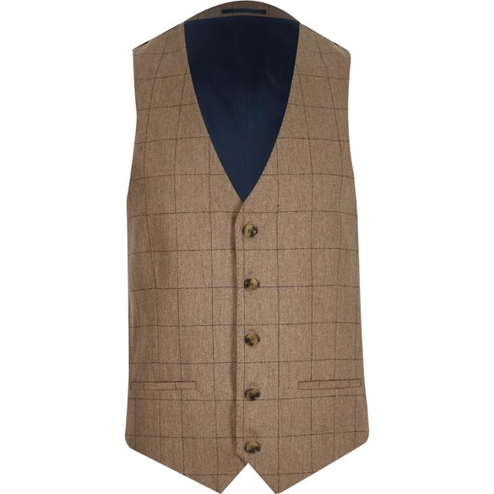 River Island Mensbrown Check Wool-blend Waistcoat