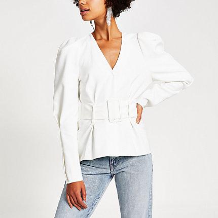 River Island Womens White Long Ruched Sleeve Belted Top