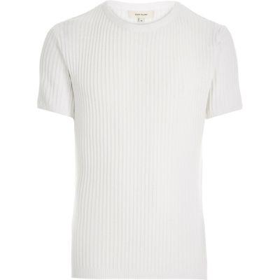 River Island Mens White Ribbed Short Sleeve Sweater