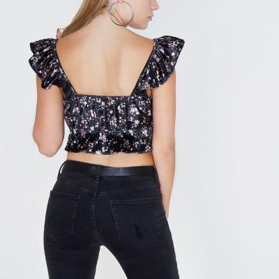 River Island Womens Petite Velvet Floral Frill Bardot Crop
