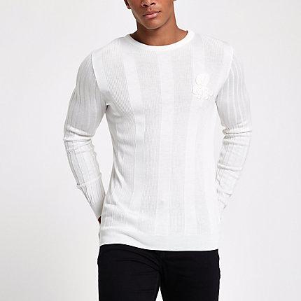River Island Mens White Rib Muscle Fit Long Sleeve Sweater