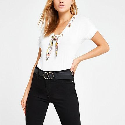 River Island Womens White Swirl Scarf Neck Loose Fit T-shirt