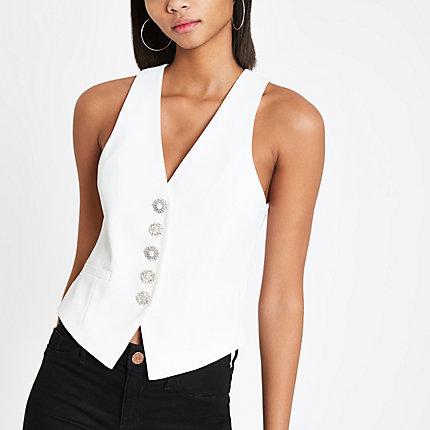 River Island Womens White Rhinestone Vest