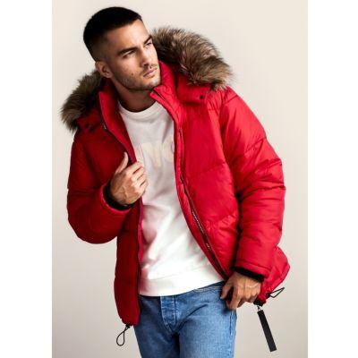 River Island Mens Faux Fur Trim Hooded Puffer Coat