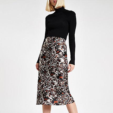 River Island Womens Rust Leopard Print Satin Bias Midi Skirt