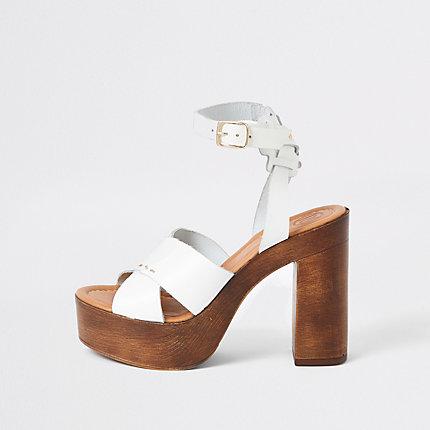 River Island Womens White Leather Cross Platform Heeled Sandals