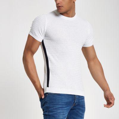 River Island Mens White Cable Knit Muscle Fit Tape T-shirt