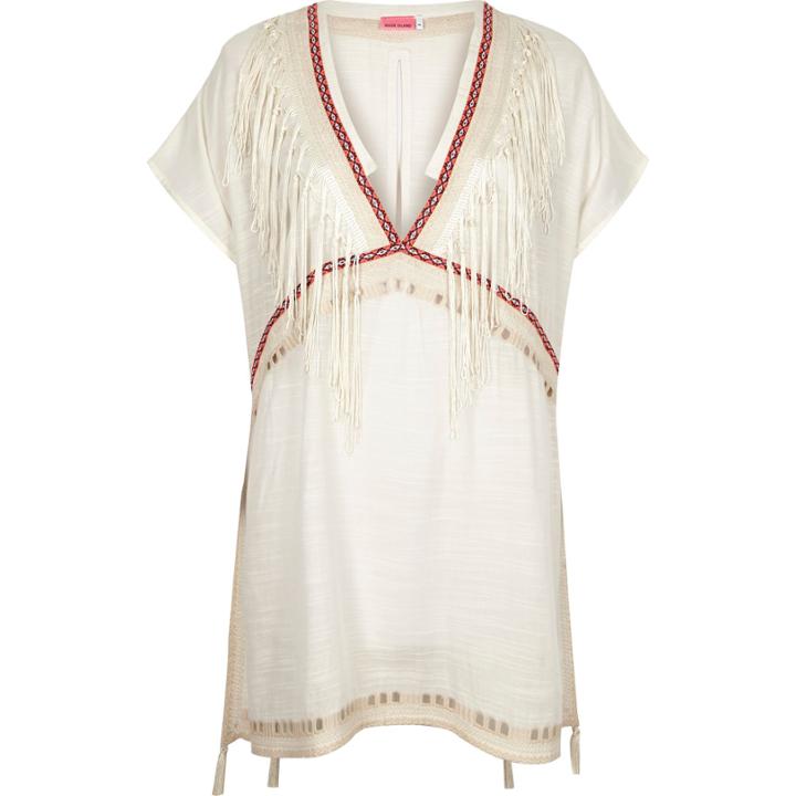 River Island Womens White Tassel Cover-up Kaftan