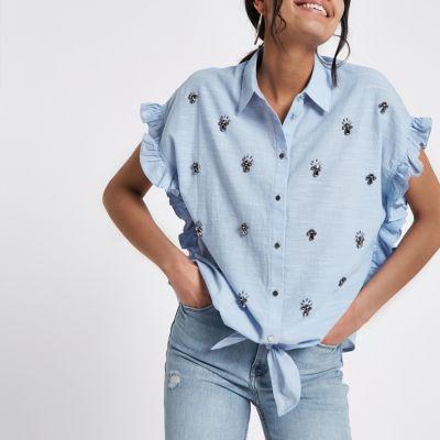 River Island Womens Rhinestone Embellished Frill Shirt