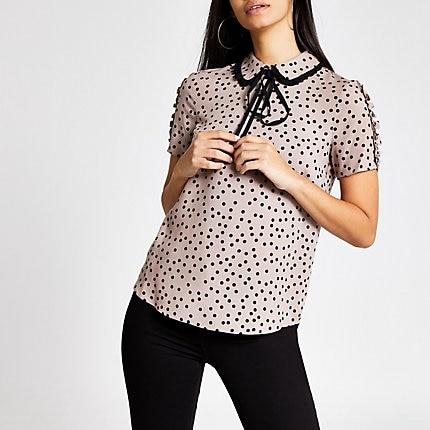 River Island Womens Spot Print Contrast Bow Collar Top
