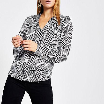 River Island Womens Houndstooth Check Tie Neck Blouse