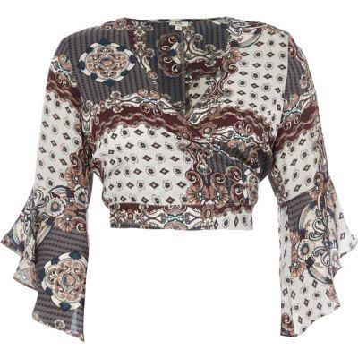 River Island Womens Scarf Print Wrap Frill Sleeve Crop Top