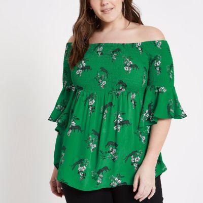 River Island Womens Plus Shirred Floral Bardot Frill Top