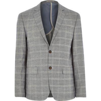 River Island Mens Check Linen-blend Slim Suit Jacket