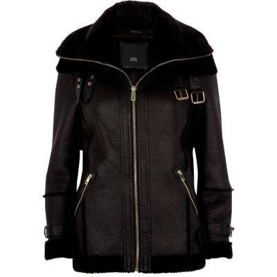 River Island Womens Petite Faux Leather Aviator Jacket