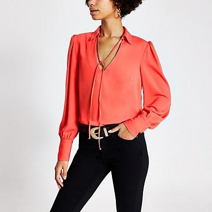River Island Womens Long Sleeve Tie Neck Blouse