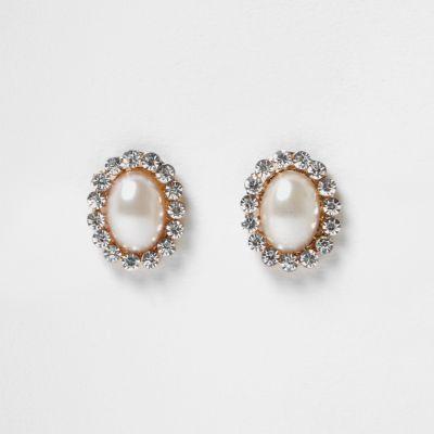 River Island Womens Gold Tone Gem Surround Pearl Stud Earrings