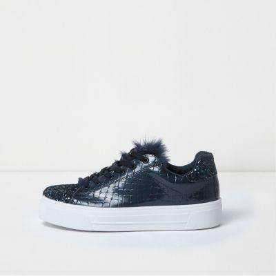 River Island Womens Faux Fur Tongue Glitter Lace-up Trainers