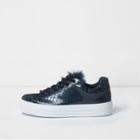 River Island Womens Faux Fur Tongue Glitter Lace-up Trainers