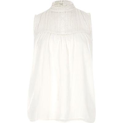 River Island Womens White Pleated Lace Yoke High Neckk Top
