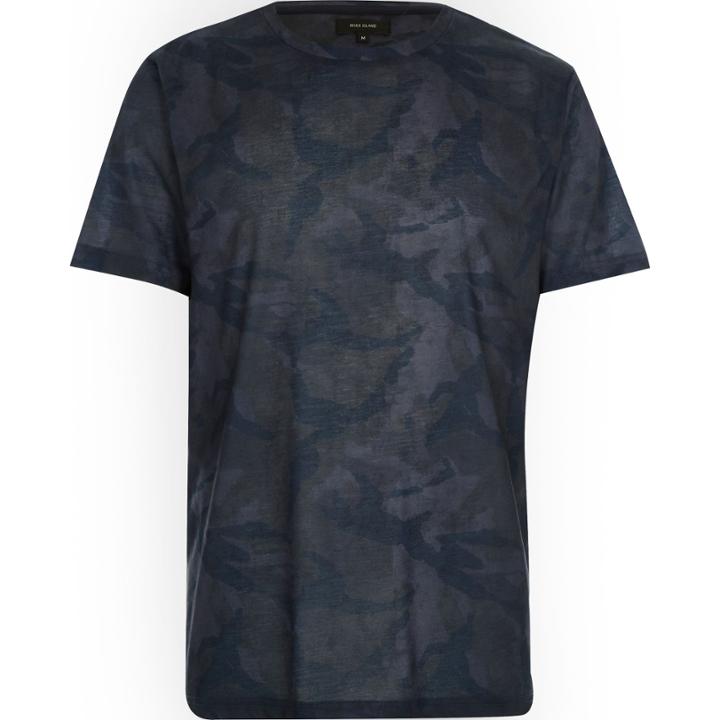 River Island Mensblue Faded Camo Print T-shirt