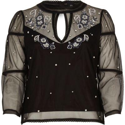 River Island Womens Mesh Embroidered Long Sleeve Top