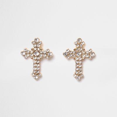River Island Womens Gold Tone Rhinestone Pave Cross Stud Earrings