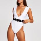 River Island Womens White Rib Plunge Belted Swimsuit