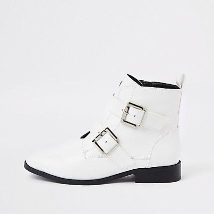 River Island Womens White Buckle Wide Fit Biker Boots