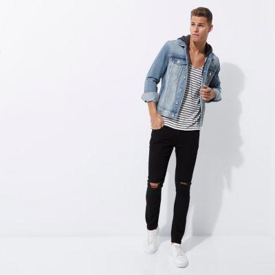 River Island Mens Distressed Hooded Denim Jacket