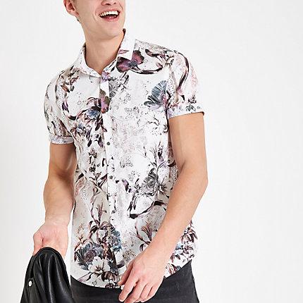 River Island Mens Floral Button Down Short Sleeve Shirt