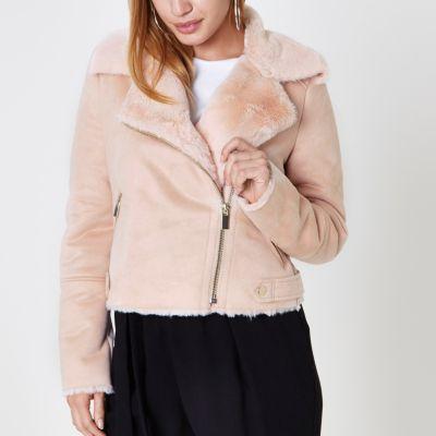 River Island Womens Petite Faux Shearling Biker Jacket