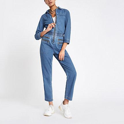 River Island Womens Denim Zip Boilersuit