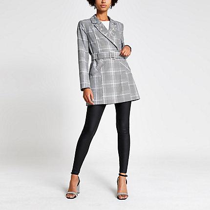 River Island Womens Check Embellished Belted Longline Blazer