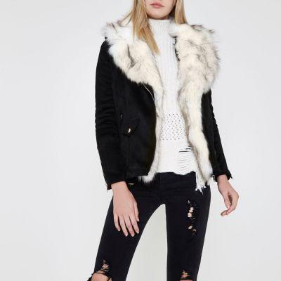 River Island Womens Faux Suede Faux Fur Trim Aviator Jacket
