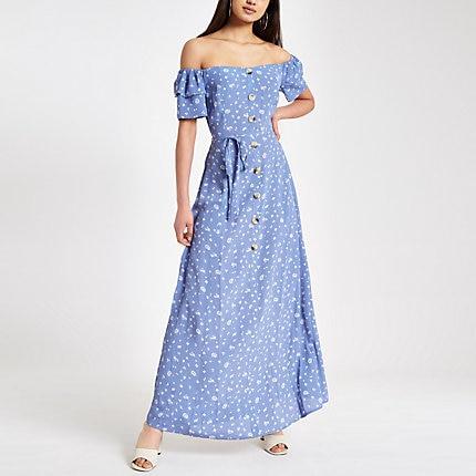 River Island Womens Print Button Bardot Maxi Dress