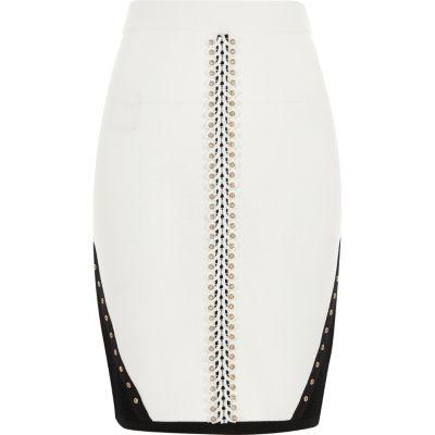River Island Womens White Blocked Lace Eyelet Trim Knit Skirt