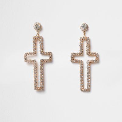 River Island Womens Gold Tone Diamante Cross Stud Drop Earrings