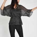 River Island Womens Plisse Sequin Kimono Sleeve Top