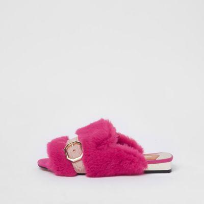 River Island Womens Faux Fur Peep Toe Backless Loafers