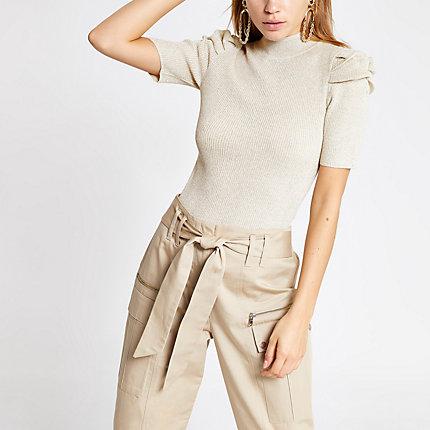 River Island Womens Gold Metallic Puff Sleeve Knitted Top