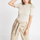 River Island Womens Gold Metallic Puff Sleeve Knitted Top
