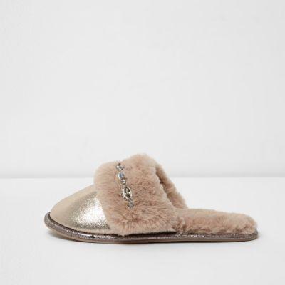 River Island Womens Metallic Faux Fur Mule Slippers