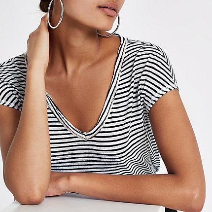 River Island Womens White Stripe Rhinestone Trim T-shirt
