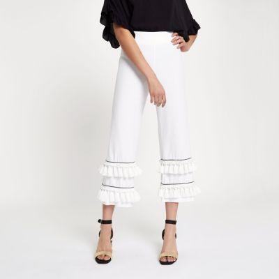 River Island Womens White Tassel Fringe Wide Leg Crop Trousers