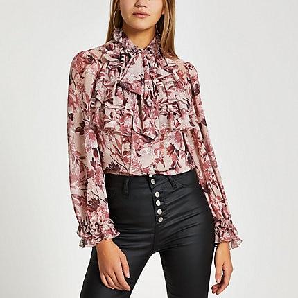 River Island Womens Floral Long Sleeve Ruffle Blouse